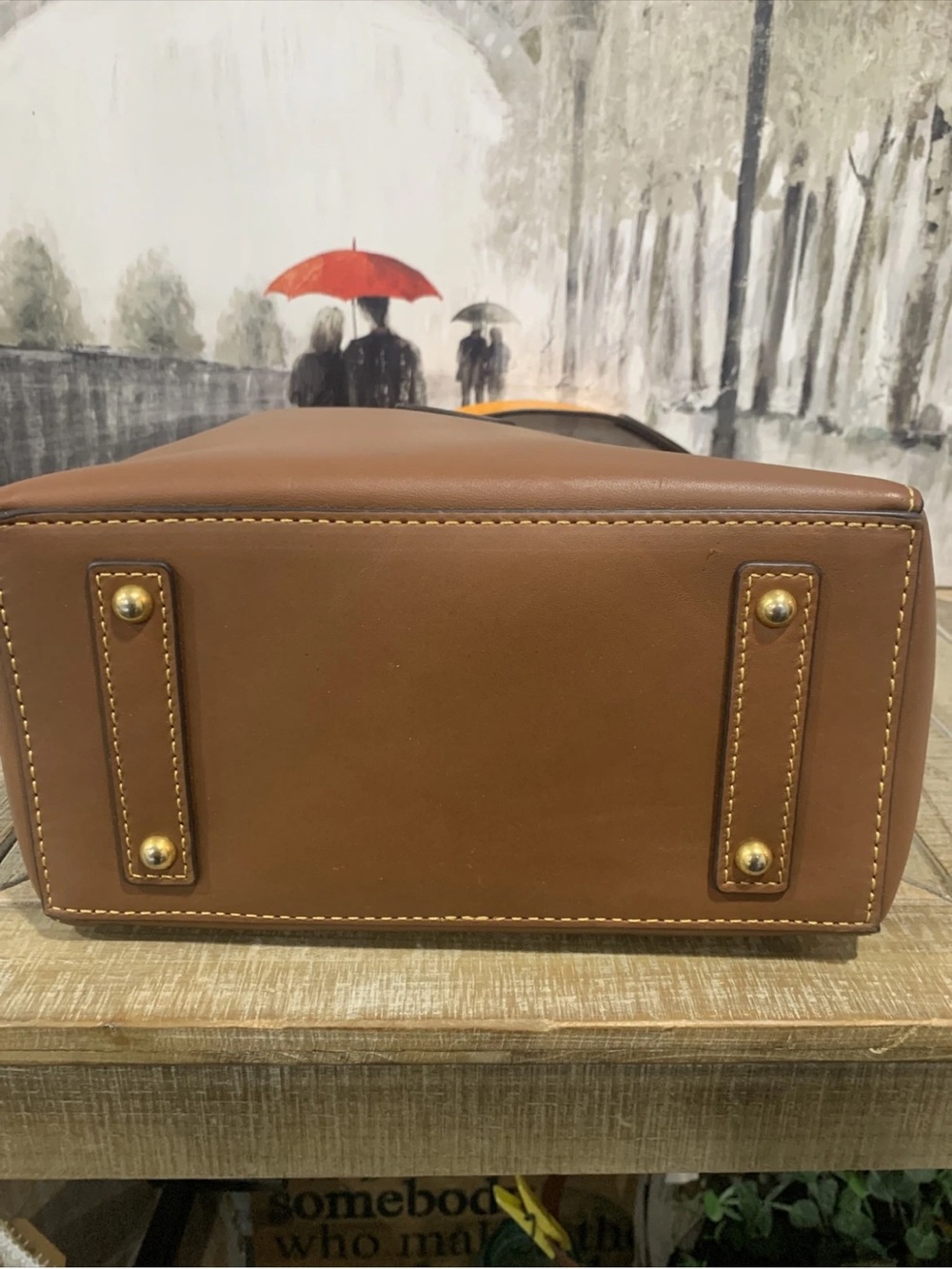 Leather Bucket Shoulder Bag in Brown with Gold Accent - Picture 8 of 16